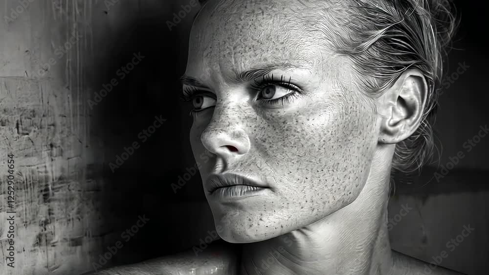 Intriguing Gaze: Black and white portrait of a woman with freckles, intense eyes, and a serious expression. The image evokes thoughtfulness and mystery. Intriguing Gaze: Black and white portrait of a woman with freckles, intense eyes, and a serious expression. The image evokes thoughtfulness and mystery.
