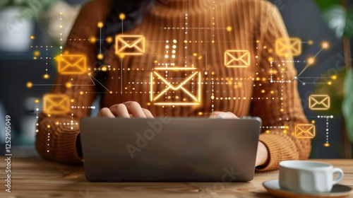 Person typing on laptop at wooden desk with illuminated email icons floating around, digital communication, email marketing, and innovative online messaging platforms in a cozy environment.