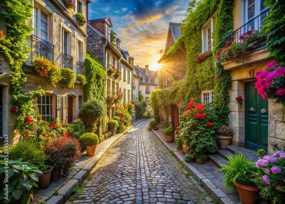 Obraz premium Charming Parisian Cobblestone Street - Drone Aerial View