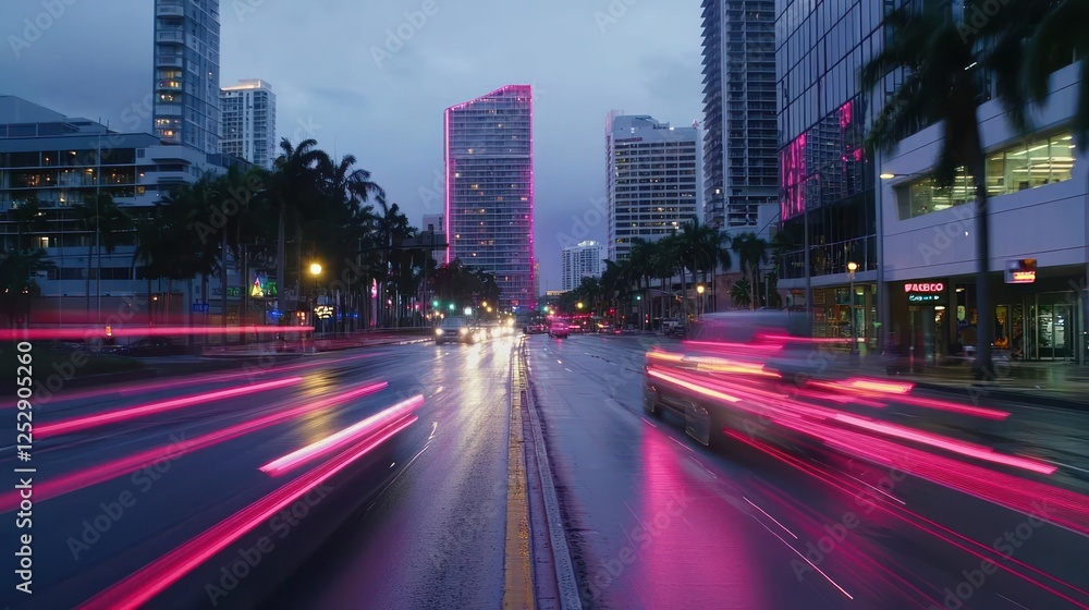 Obraz premium City Street At Night With Rain And Pink Light Trails