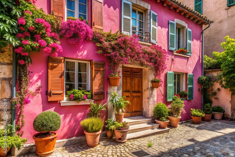 Naklejka premium Charming Pink French House with Grey Shutters, Southern France