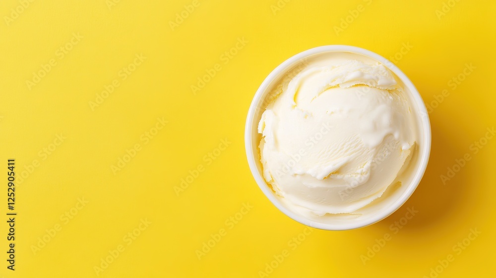 Vanilla Ice Cream in White Bowl on Yellow Background. Flat Lay Product Photography with Space for Text or Copy Vanilla Ice Cream in White Bowl on Yellow Background. Flat Lay Product Photography with Space for Text or Copy