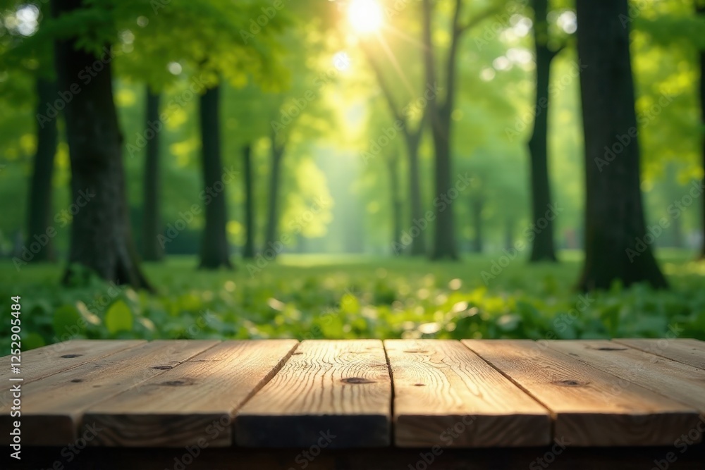 Wooden Tabletop in a Sunlit Forest Scene A Serene Natural Background for Product Displays Wooden Tabletop in a Sunlit Forest Scene A Serene Natural Background for Product Displays