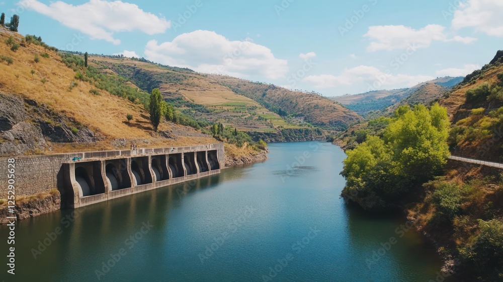 Serene River Dam Landscape in Douro Valley, Portugal Serene River Dam Landscape in Douro Valley, Portugal