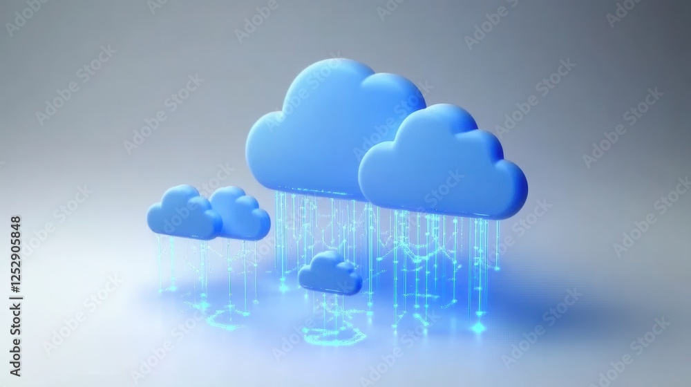 Digital Clouds with Rain and Data Streams in Blue Abstract Design Digital Clouds with Rain and Data Streams in Blue Abstract Design