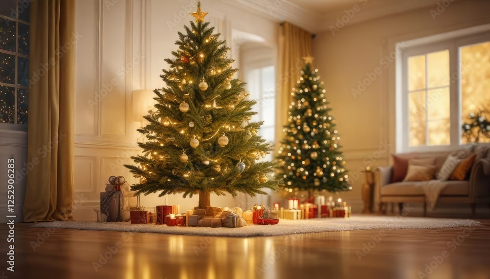 Warm and inviting Christmas tree in golden light against soft focus background, snowflake patterns, winter wonderland, soft focus Warm and inviting Christmas tree in golden light against soft focus background, snowflake patterns, winter wonderland, soft focus