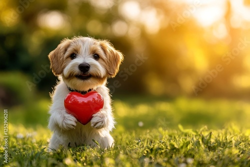 Cute petit basset griffon vendÃ©en pup with diamond red heart on a walk in a spring green space. Petit basset griffon vendÃ©en - my treasured dog, symbol of friendship. Promotion furry friend ide. photo