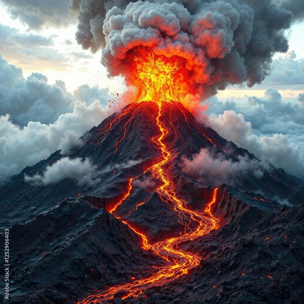 Volcanic eruption with lava flows and ash clouds, molten rock, flames Volcanic eruption with lava flows and ash clouds, molten rock, flames
