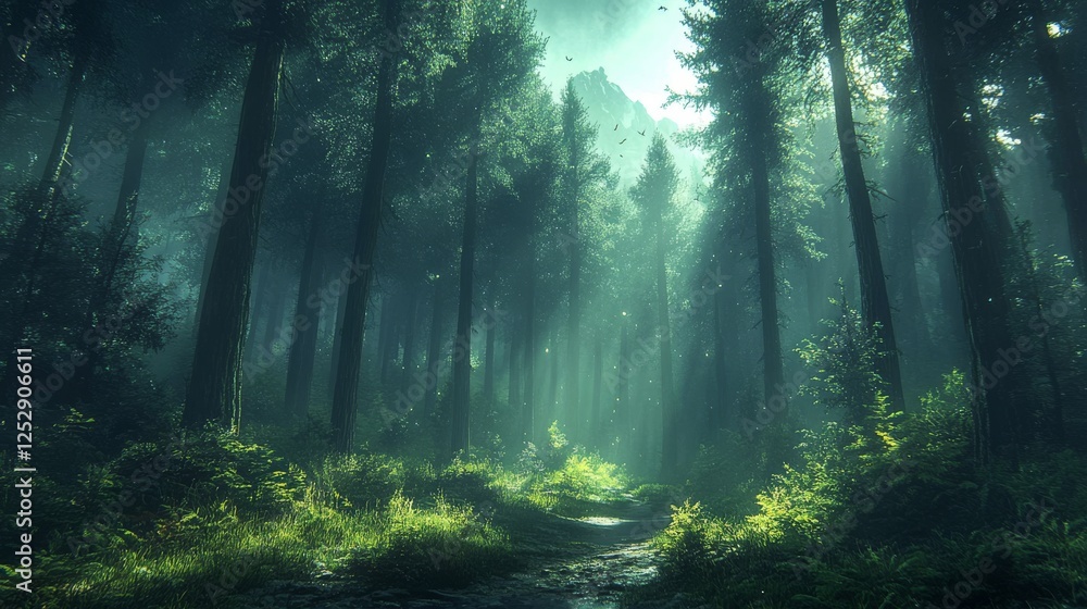 Obraz premium Ethereal Forest Path, Sunlight Dancing Through Ancient Trees and Whispering Pines