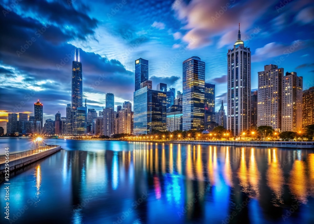 Fototapeta premium Chicago Skyline Night Photography - Illuminated Skyscrapers & Cityscape