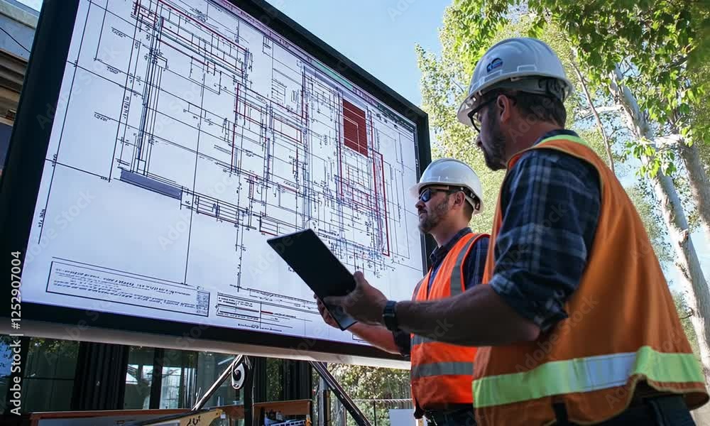 Construction workers analyzing blueprints outdoors with trees and building in the background Construction workers analyzing blueprints outdoors with trees and building in the background