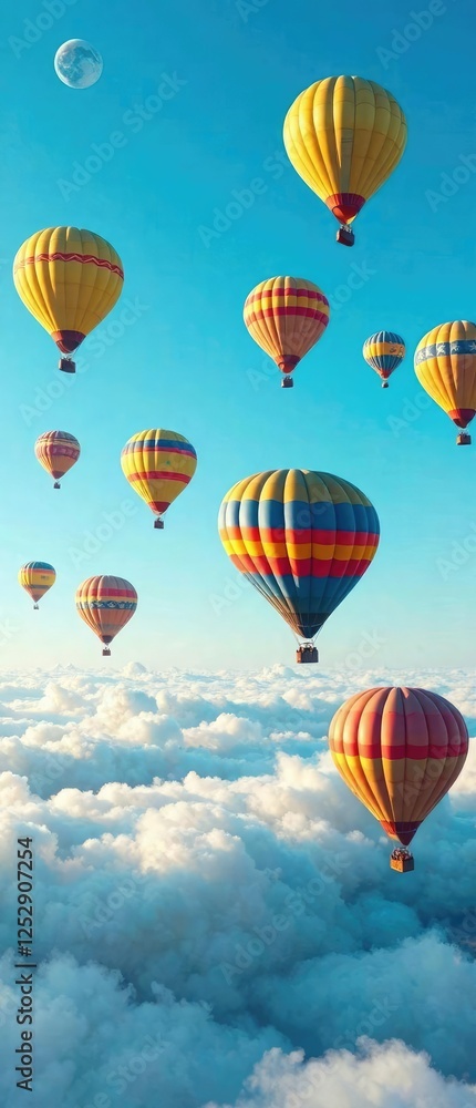 Obraz premium Vibrant hot air balloons float gently above a thick layer of clouds in a bright blue sky, sunny day, morning light