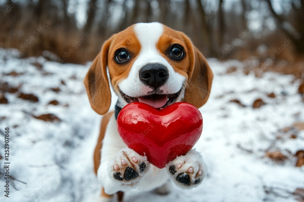 Cute beagle hound with diamond red heart on a walk in a winter garden. Beagle - my preferred dog, symbol of friendship. Promotion companion conceptual art pattern. Snowy love scene with pet. Cute beagle hound with diamond red heart on a walk in a winter garden. Beagle - my preferred dog, symbol of friendship. Promotion companion conceptual art pattern. Snowy love scene with pet.
