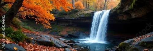 Leaves cascade down a rocky cliffside at Hidden Falls, autumn leaves, forest erosion, rocky landscape photo