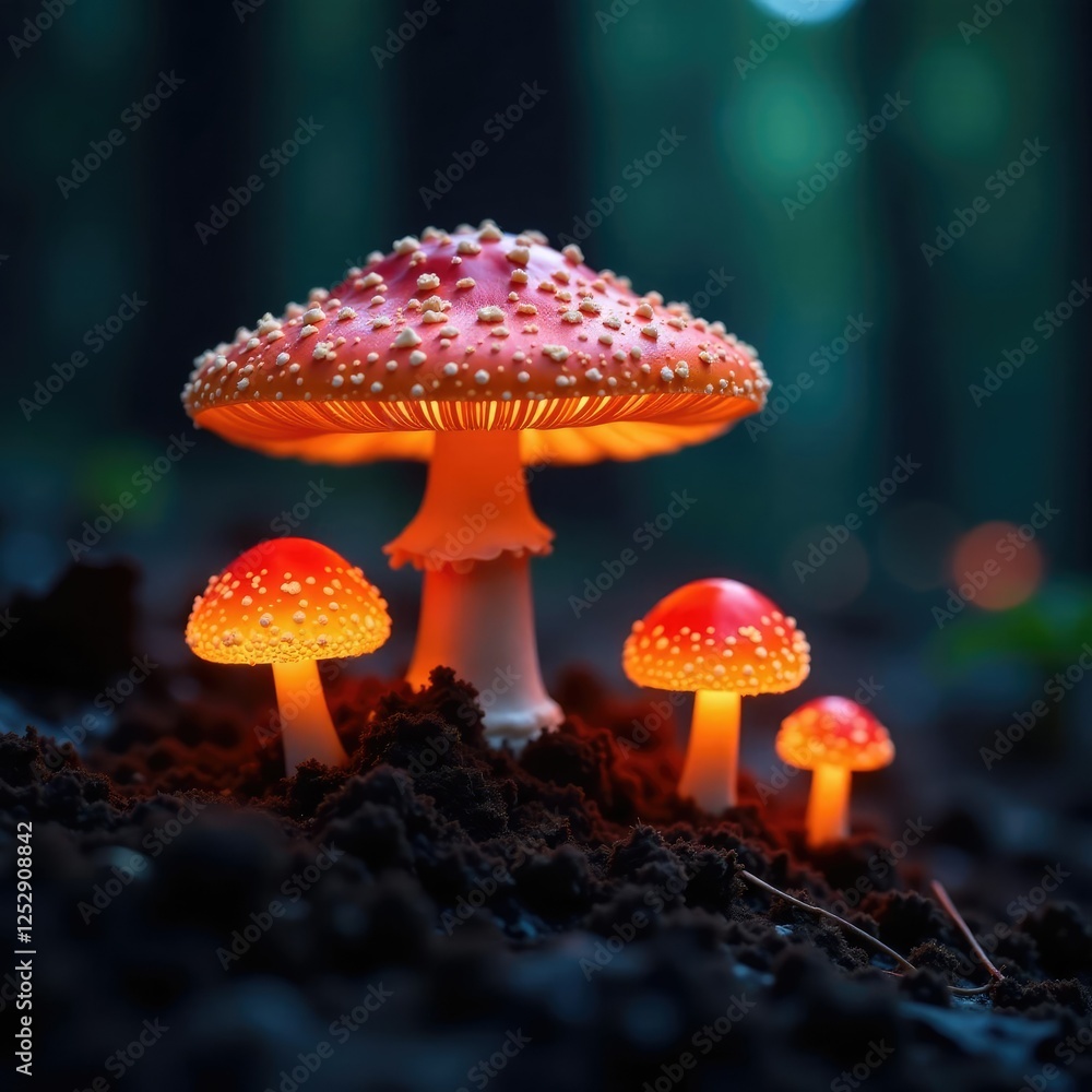 Fototapeta premium Glowing caps of a rare fungus illuminating the forest floor, glowing mushrooms, glowing caps