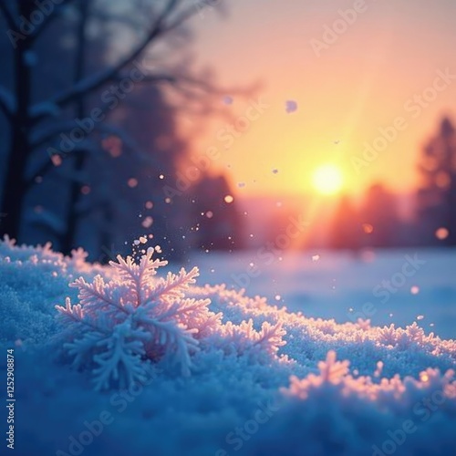 Frosty landscape with snowflakes falling in the fading light of sunset, peaceful, serene photo