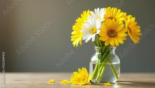 A vase filled with sunshine yellow and white wedelia flower droplets, vase, flowers photo