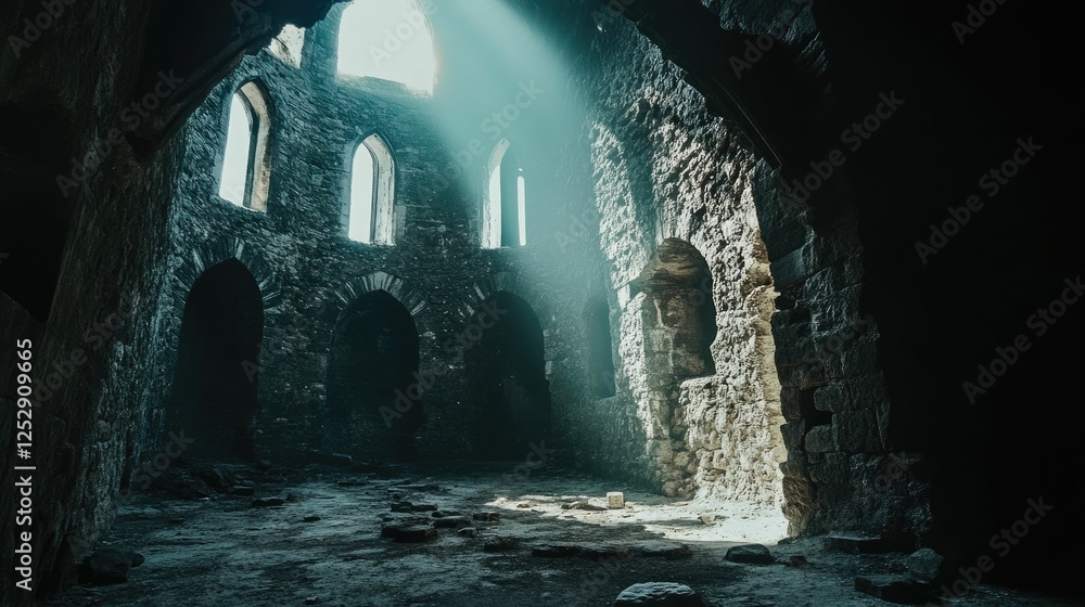 Sunlit ruin's interior; stone walls, arched openings. Sunlit ruin's interior; stone walls, arched openings.