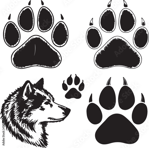 Black and white dog silhouettes seamless pattern design with paw prints and animal footprints