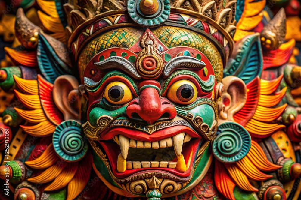 Close-up Detail of Intricate Balinese Mask Design, Traditional Carving, Boma Mask Texture Close-up Detail of Intricate Balinese Mask Design, Traditional Carving, Boma Mask Texture
