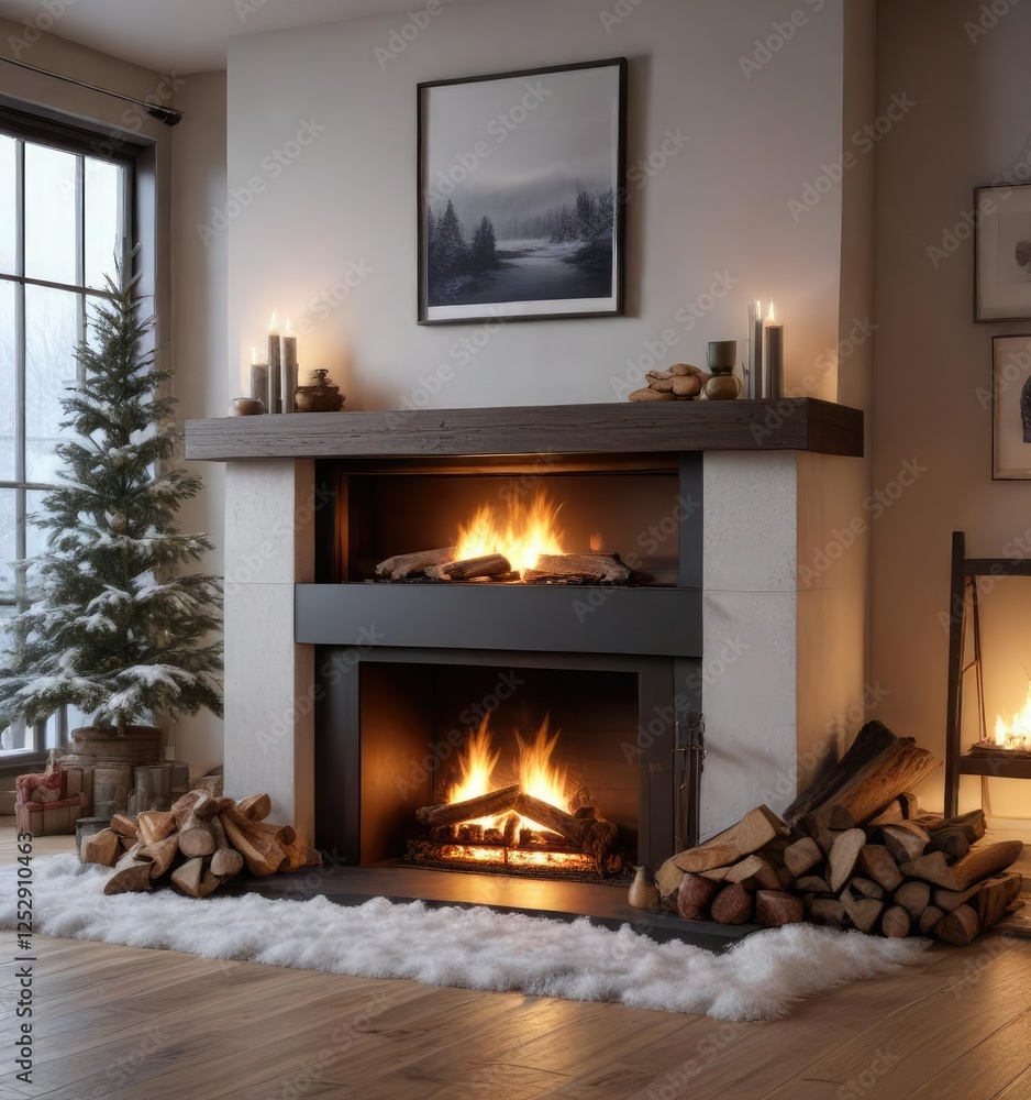 Winter scene with a fireplace in the background, fireplace, winter scene Winter scene with a fireplace in the background, fireplace, winter scene
