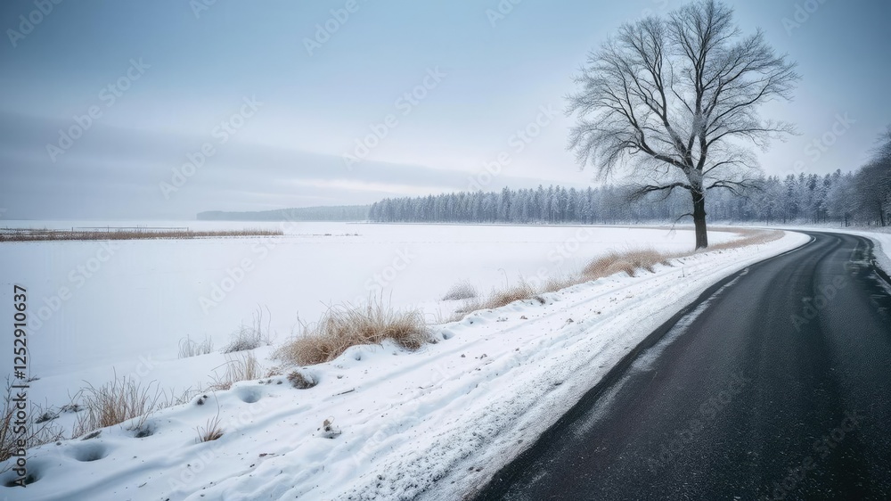 Obraz premium Winter forest covered in snow lining an asphalt concrete road stretching into the distance, creating a serene and picturesque scene, forest, seasonal