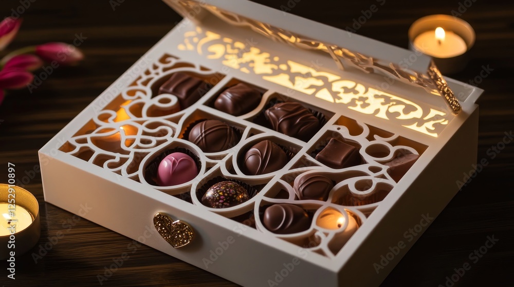Elegant Chocolate Box with Artistic Lid and Assorted Premium Chocolates Displayed