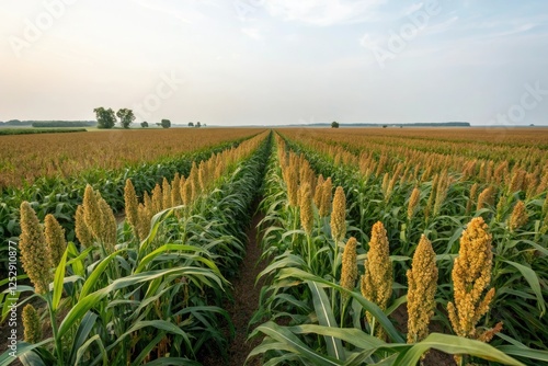 Wide-angle view of a field with rows of mature millet crops, harvest season, agricultural land, crop cycles