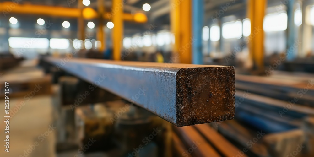 A close view of a steel beam showcasing details of industrial materials in a factory setting. A close view of a steel beam showcasing details of industrial materials in a factory setting.