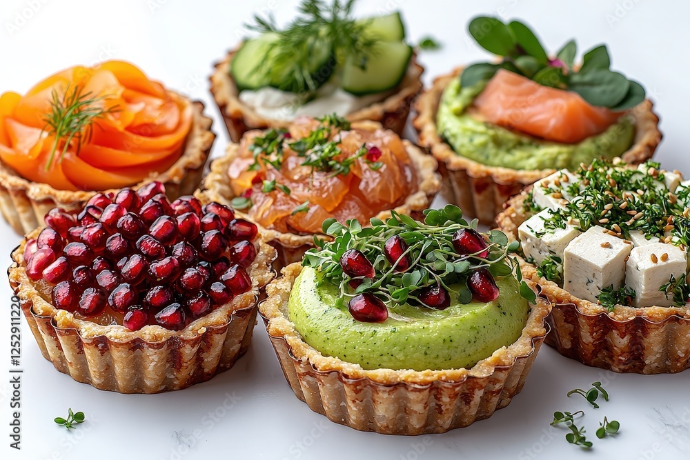 Mini tartlets: avocado lime mousse, cream cheese with salmon and pomegranate, and kimchi with tofu and microgreens. Mini tartlets: avocado lime mousse, cream cheese with salmon and pomegranate, and kimchi with tofu and microgreens.