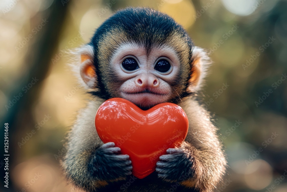 Fototapeta premium Cute capuchin baby with furry friend toy red heart on in a natural habitat. Ad animal concept art concept art. Capuchin - my preferred animal. Heartfelt animal moment. Cute furry romance.