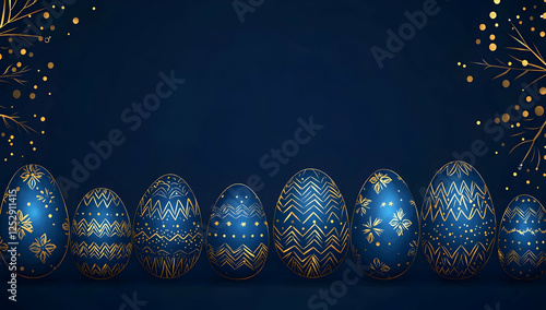 Royal blue Easter eggs with golden patterns, neatly placed on a dark backdrop, elegant and simple. photo