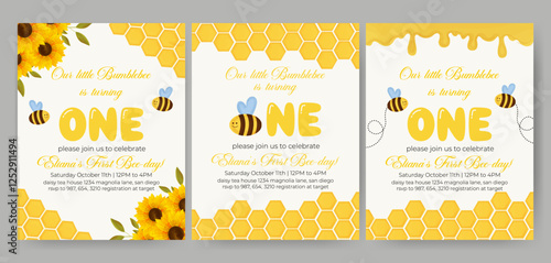 Birthday invitation card vector template design. Bumblebee birthday Party theme with honey comb, honey and honey bee watercolor background.