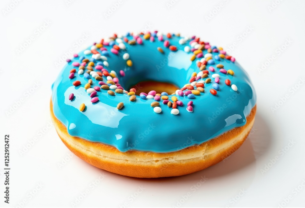 Vibrant Blue Glazed Donut with Colorful Sprinkles on Crisp White Background. A blue donut with sprinkles on a white surface. Vibrant Blue Glazed Donut with Colorful Sprinkles on Crisp White Background. A blue donut with sprinkles on a white surface.
