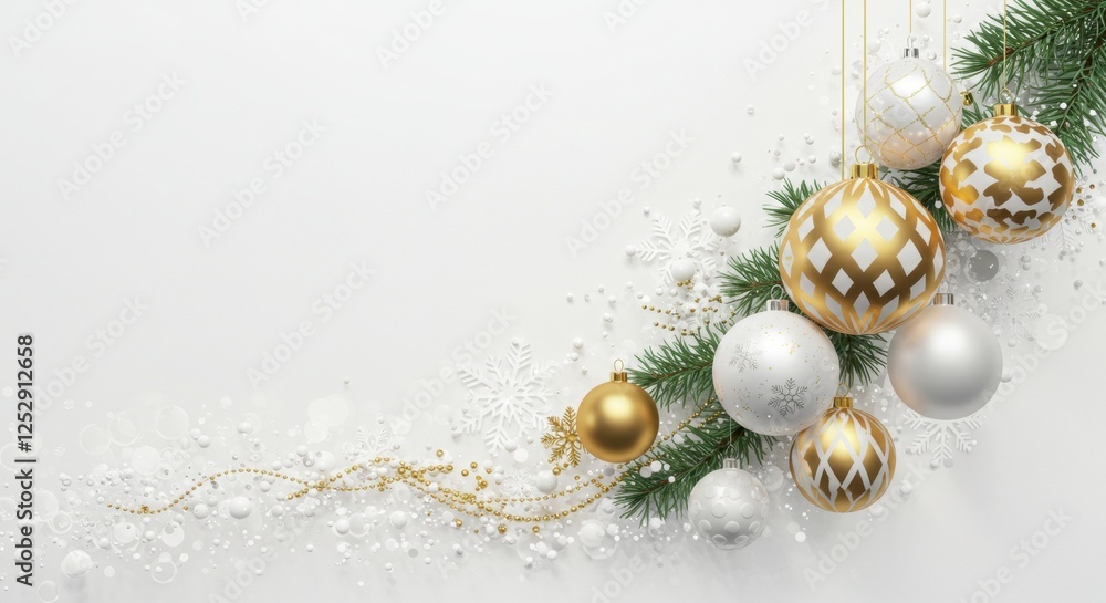 Elegant Christmas Decorations with Ornaments and Snowflakes on White Elegant Christmas Decorations with Ornaments and Snowflakes on White