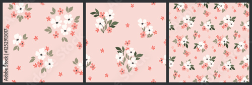 Seamless floral pattern, liberty ditsy print collection in delicate pastel colors. Pretty botanical design of small hand drawn daisy flowers, tiny leaves, simple bouquets on pink. Vector illustration.
