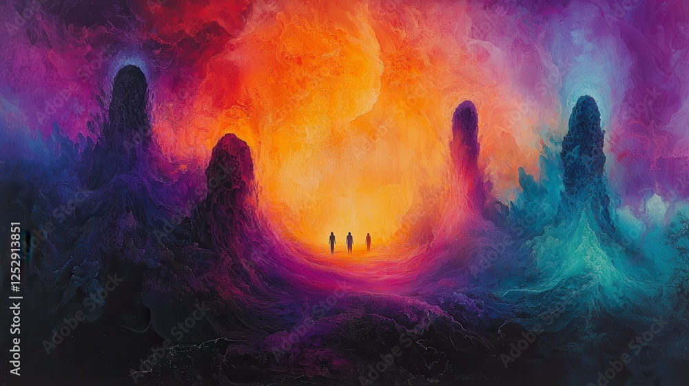 Obraz premium Surreal Landscape with Colorful Nebula and Silhouetted Figures Against a Vibrant Cosmic Background
