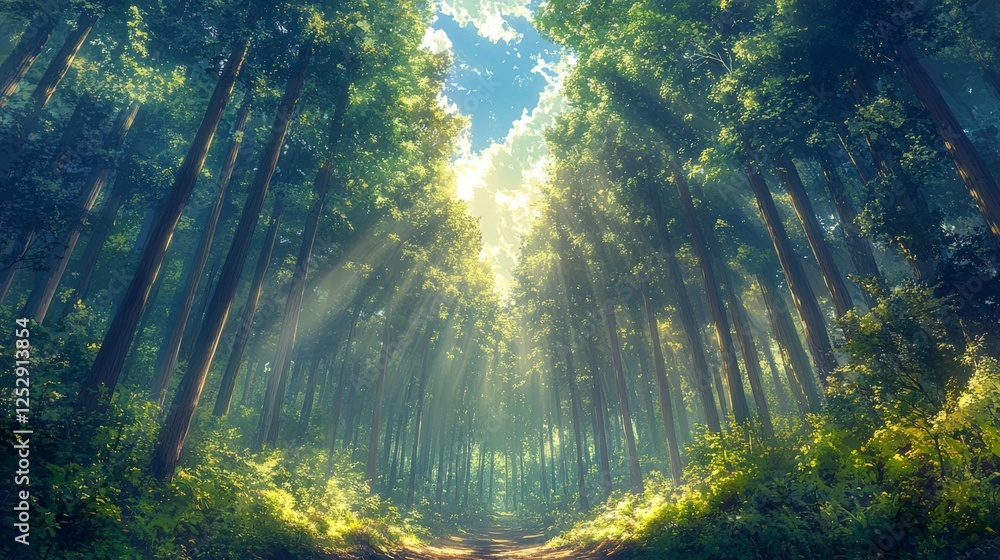 Sunlit Forest Canopy, A Majestic View of Towering Trees Reaching for the Heavens with Rays of Light Filtering Through the Leaves Sunlit Forest Canopy, A Majestic View of Towering Trees Reaching for the Heavens with Rays of Light Filtering Through the Leaves