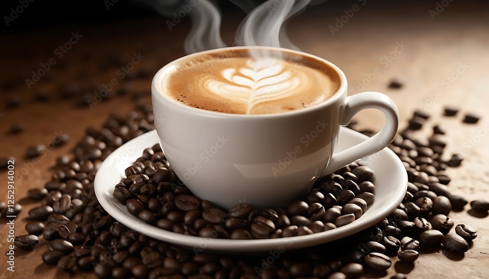Steaming Coffee Cup with Latte Art Surrounded by Coffee Beans Steaming Coffee Cup with Latte Art Surrounded by Coffee Beans