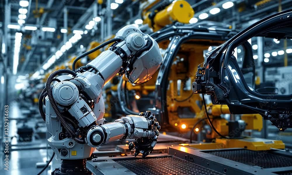 Robots welding car parts on factory assembly line Robots welding car parts on factory assembly line