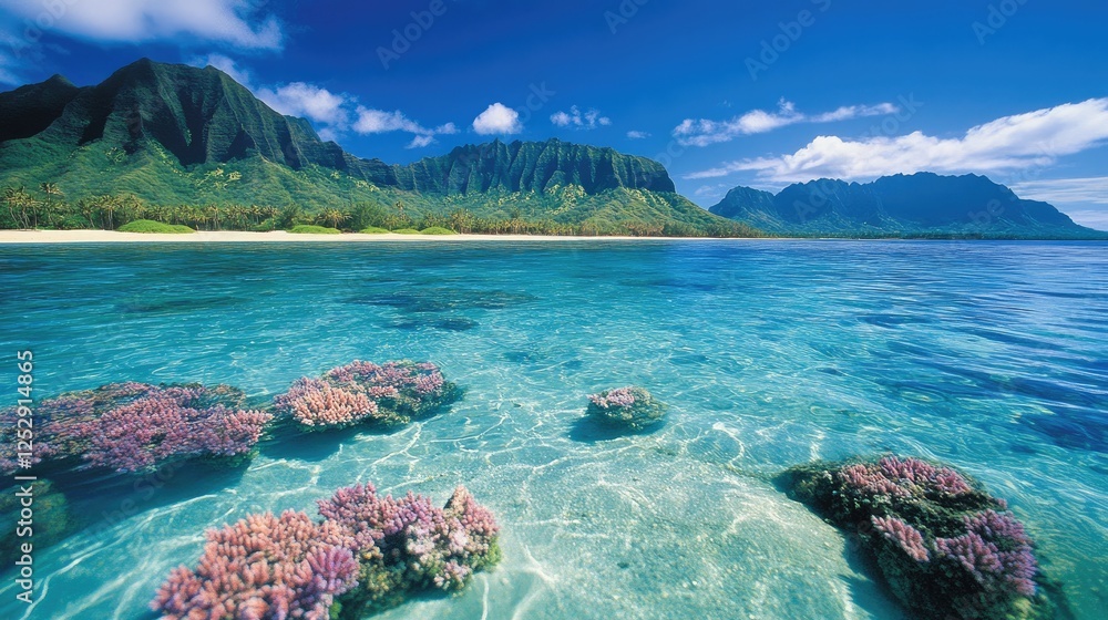 Fototapeta premium A vibrant shot of crystal-clear Hawaiian waters, with fine white sand stretching beneath the waves.