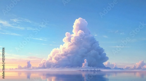 A peaceful sky-blue background with soft, ethereal cloud formations and a calm atmosphere