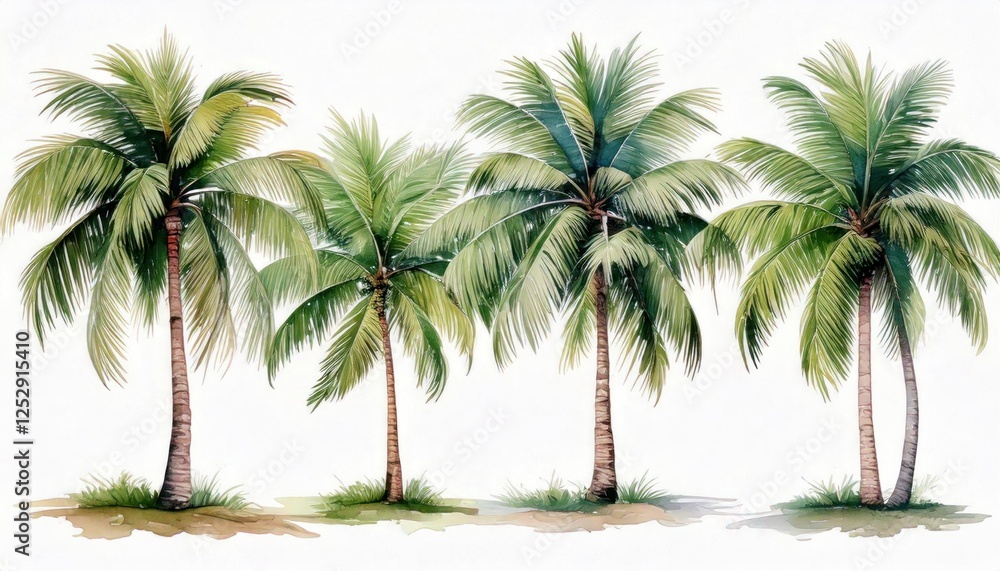 Four vibrant palm trees with green leaves against a bright background. Four vibrant palm trees with green leaves against a bright background.