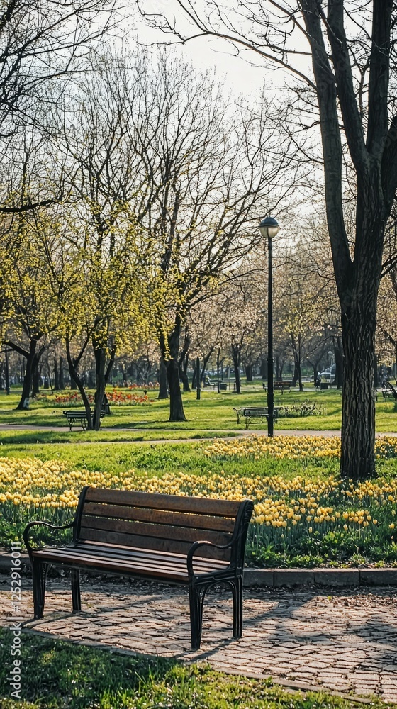 Serene Park Scene with Bench and Flowers in Early Spring Sunshine Serene Park Scene with Bench and Flowers in Early Spring Sunshine