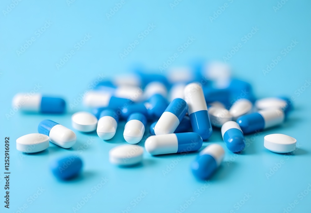 Heap of Blue and White Antibiotic Capsules, Stacked Randomly on a Sterile Medical Surface
Heap of Blue and White Antibiotic Capsules, Stacked Randomly on a Sterile Medical Surface