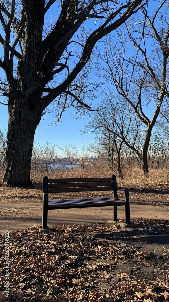 Serene Park Bench Under Bare Trees Near Calm Waterbody in Winter Serene Park Bench Under Bare Trees Near Calm Waterbody in Winter