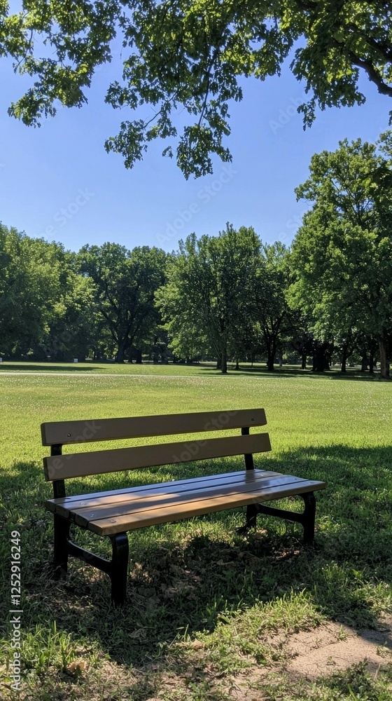 Empty Park Bench Under Clear Blue Sky Surrounded by Green Trees Empty Park Bench Under Clear Blue Sky Surrounded by Green Trees