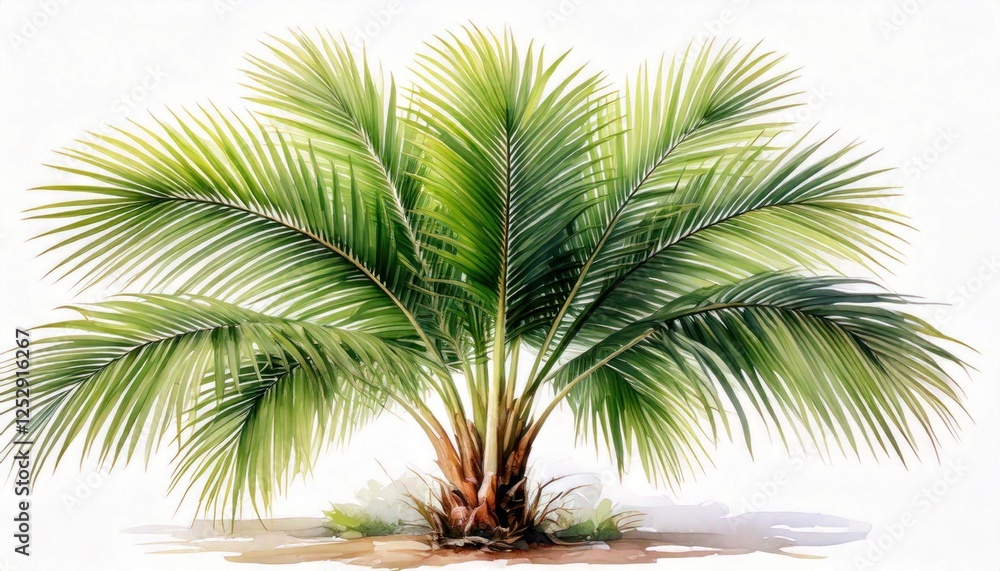 Fototapeta premium Vibrant green palm tree with lush foliage, perfect for tropical and botanical themes.