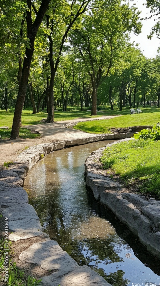 Serene Park Pathway with Stream and Lush Greenery in Spring