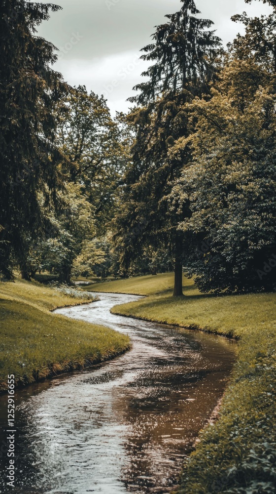 Fototapeta premium Serene Curved River Flowing Through Lush Green Forest Landscape